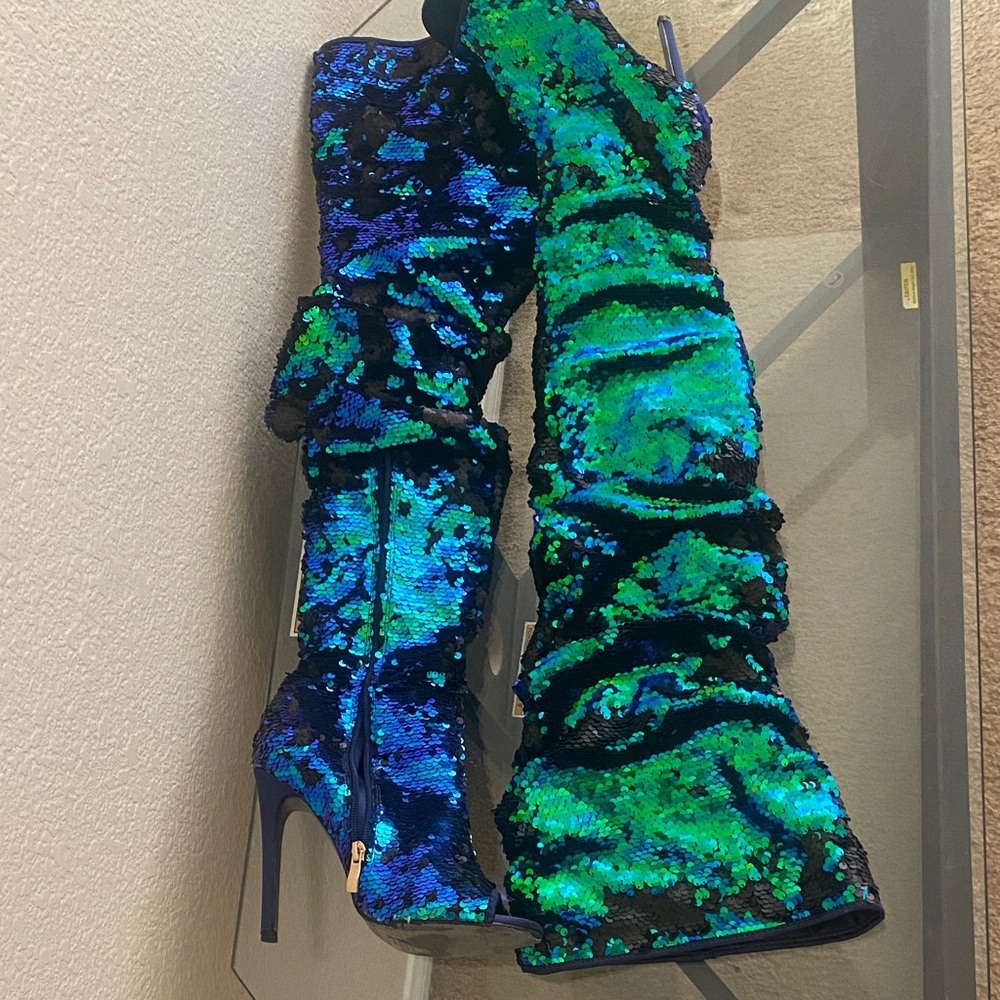 Sequin Ankle Boots in Blue and Green